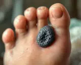Gros plan sur un pied avec une verrue noire, rugueuse et texturée, parsemée de petits points sombres, posée sur la peau entre les orteils.