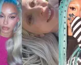 Trois femmes aux cheveux bleus et blancs, avec une **dépigmentation sourcils** audacieuse. L'une porte un pull fuchsia, l'autre est allongée, la troisième a des clous sur ses cheveux.