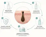Schéma d'une routine de soins pour la peau, montrant comment désincruster les pores obstrués par des comédons ouverts et du sébum.
