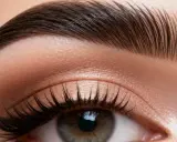Un œil maquillé avec un eye-liner fin et des cils longs. Les sourcils sont parfaitement coiffés, un effet "brow lift sourcils c'est quoi" pour un regard intense.