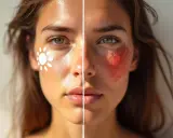 Visage divisé : d'un côté, une peau saine avec un soleil dessiné, de l'autre, une rougeur intense, signe d'une irritation peau causée par frottement.