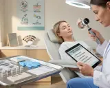 Consultation dermatologique pour microblading. La docteure examine les sourcils d'une patiente, tablette à l'appui, pour évaluer les risques.
