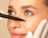 Une main gantée utilise un stylo pour marquer le visage d'une femme, préparant un brow lift pour un regard plus jeune et lifté.