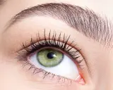 Œil vert aux cils longs, sourcil parfaitement dessiné après une épilation sourcil cire.
