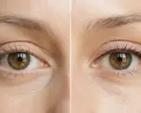 Avant/après : un œil sans maquillage et un œil avec un trait d'eye-liner fin, évoquant le maquillage permanent cils.