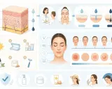 Illustration d'un peeling visage, montrant les couches de la peau, des conseils de soins et les effets sur différents types de peau.