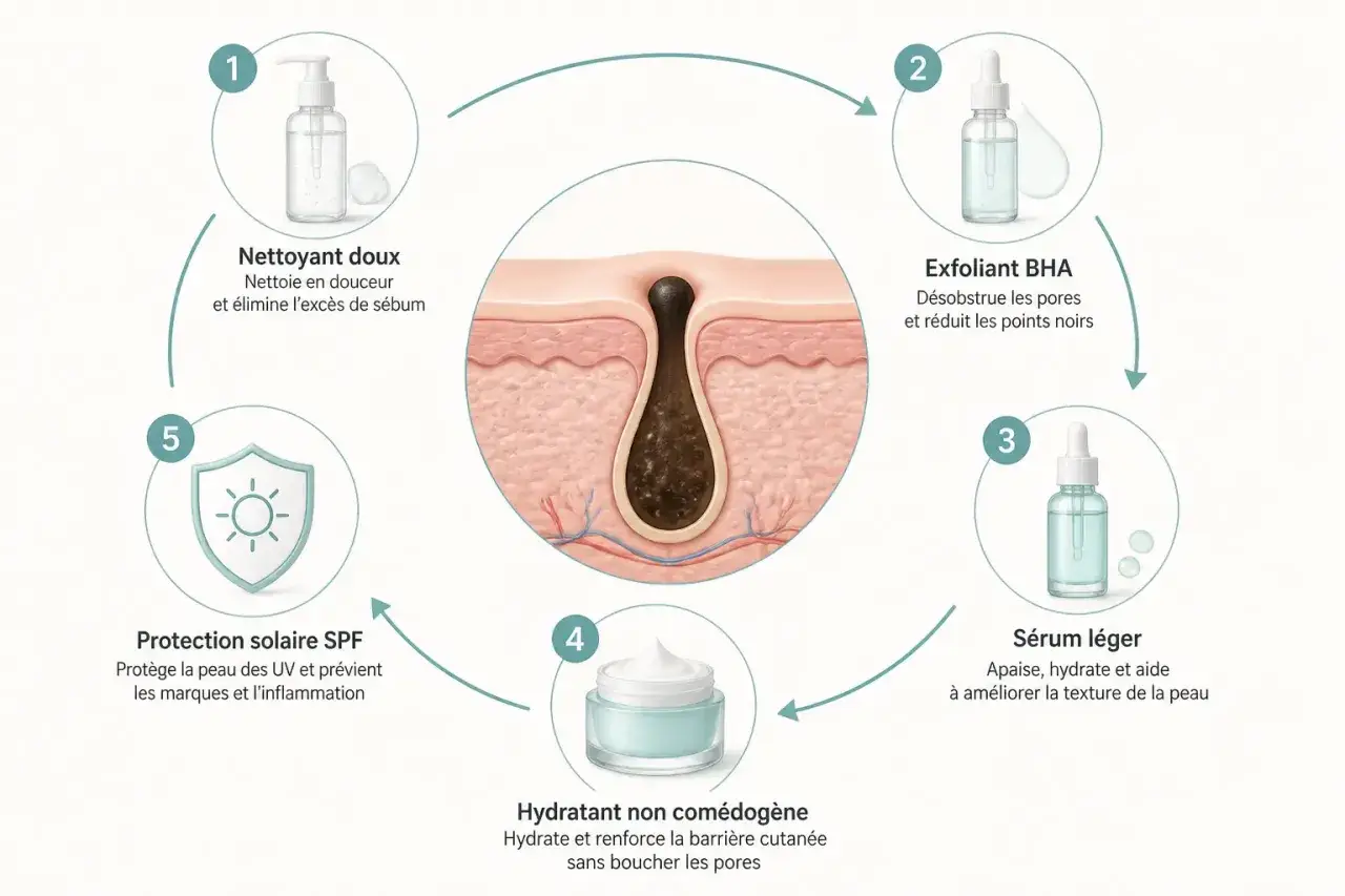 Schéma d'une routine de soins pour la peau, montrant comment désincruster les pores obstrués par des comédons ouverts et du sébum.