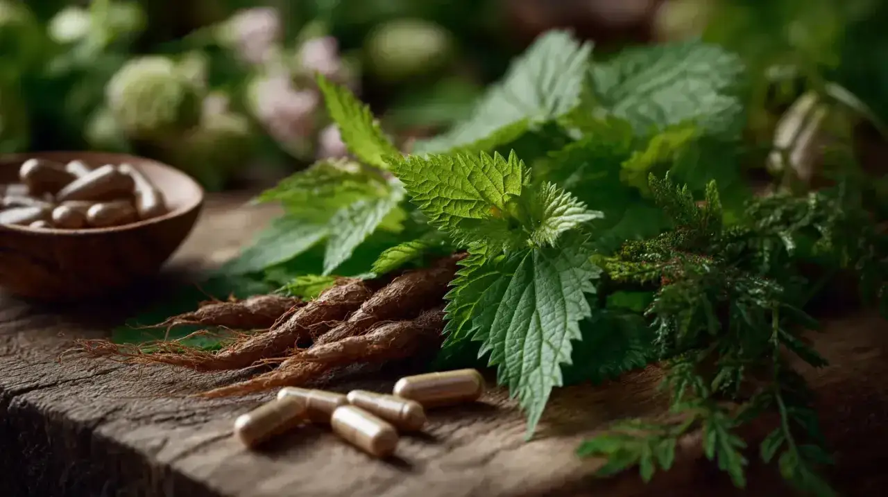 Racines et feuilles d'ortie, avec des gélules à proximité, évoquant les ortie bienfaits pour la santé.