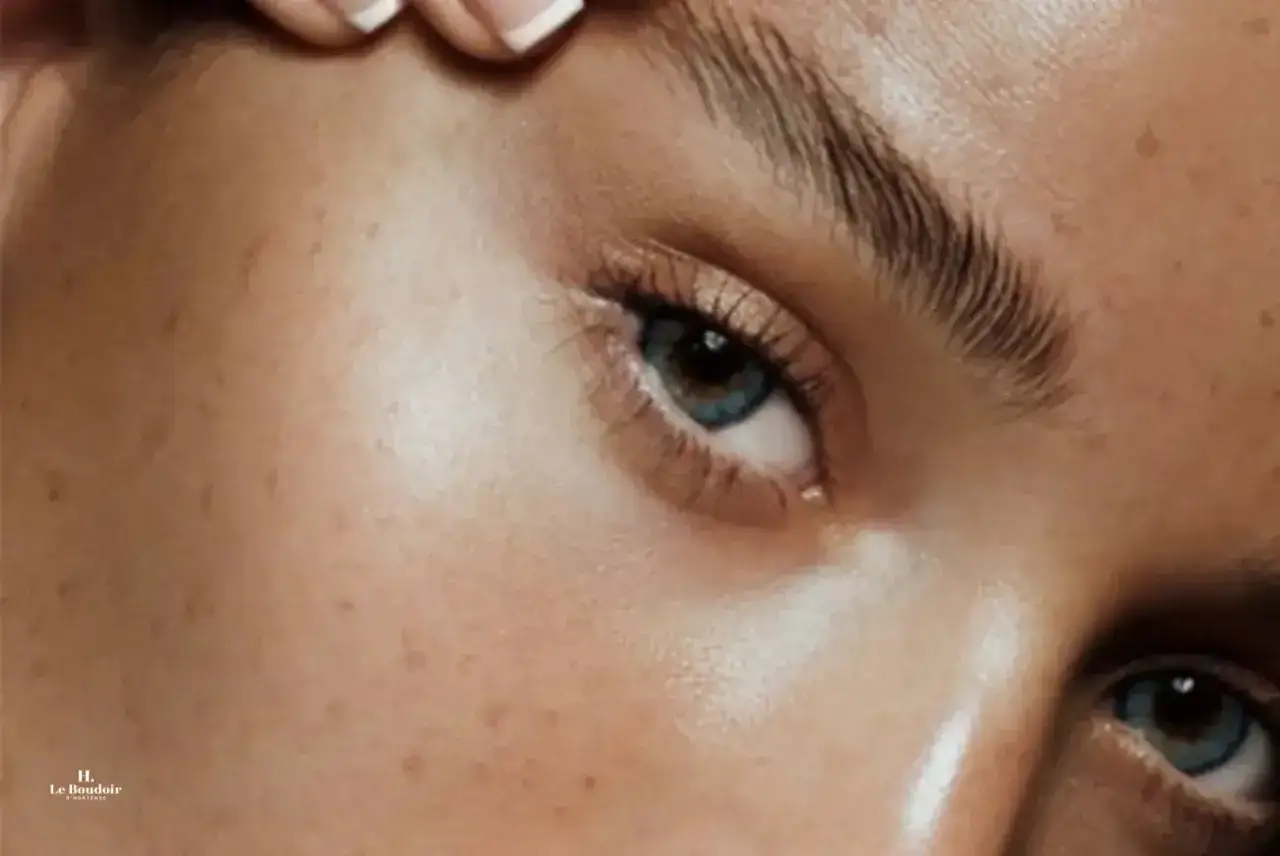 Un œil bleu intense, cils longs, peau hâlée parsemée de taches de rousseur, et un sourcil effet poudré parfaitement dessiné.