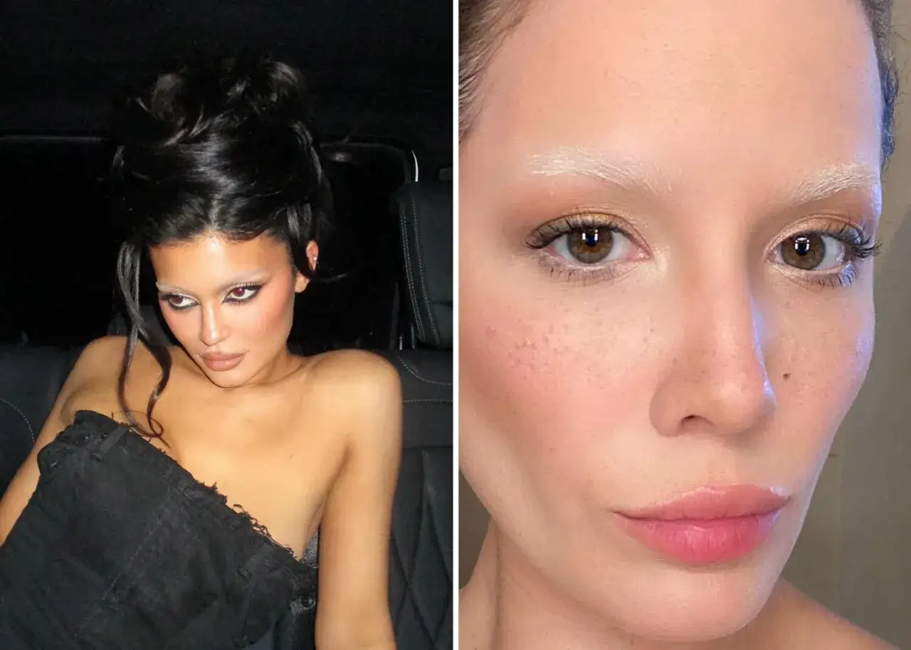 Deux portraits de femmes avec des sourcils décolorés, l'une en gros plan, l'autre dans une voiture. Le maquillage met en valeur le regard.