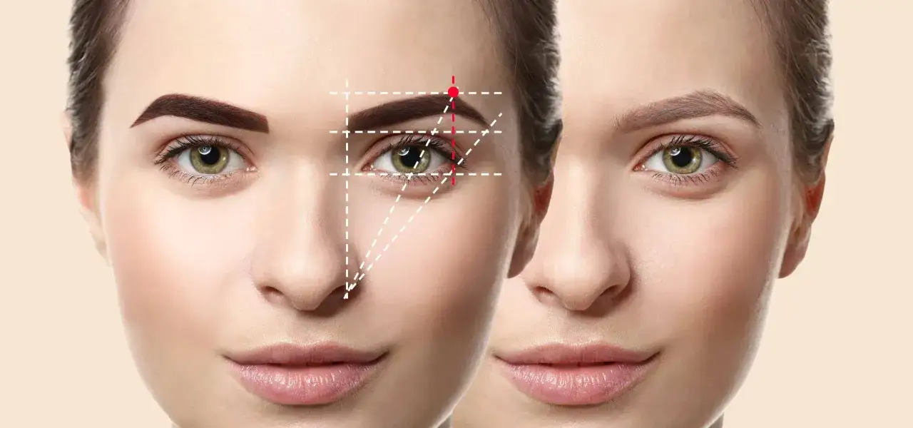 Visage rond : avant/après la forme idéale du sourcil, avec des guides de mesure pour un visage rond.