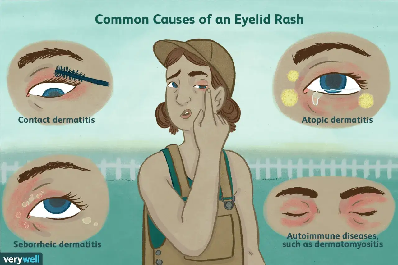 Illustration montrant diverses causes d'irritation paupière : dermatite de contact, atopique, séborrhéique et maladies auto-immunes.