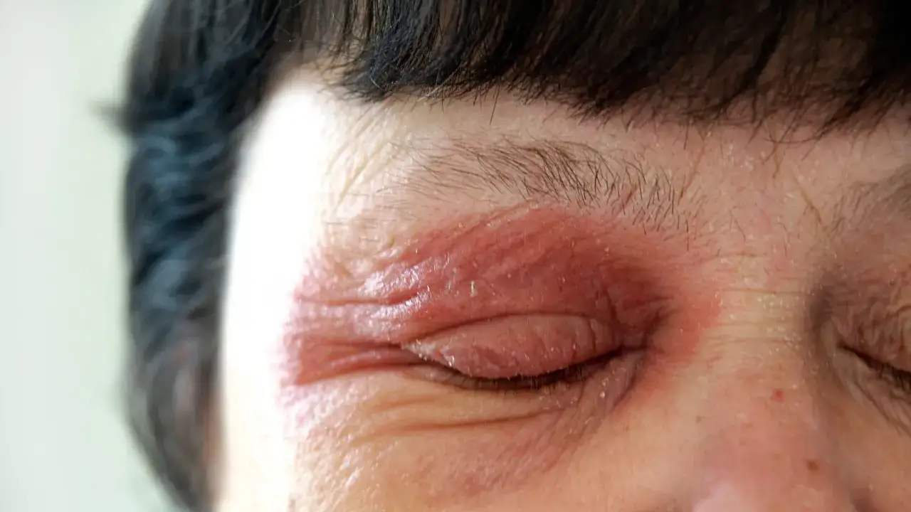 Gros plan sur un œil fermé, la paupière est rouge et irritée, signe d'un eczema paupiere.