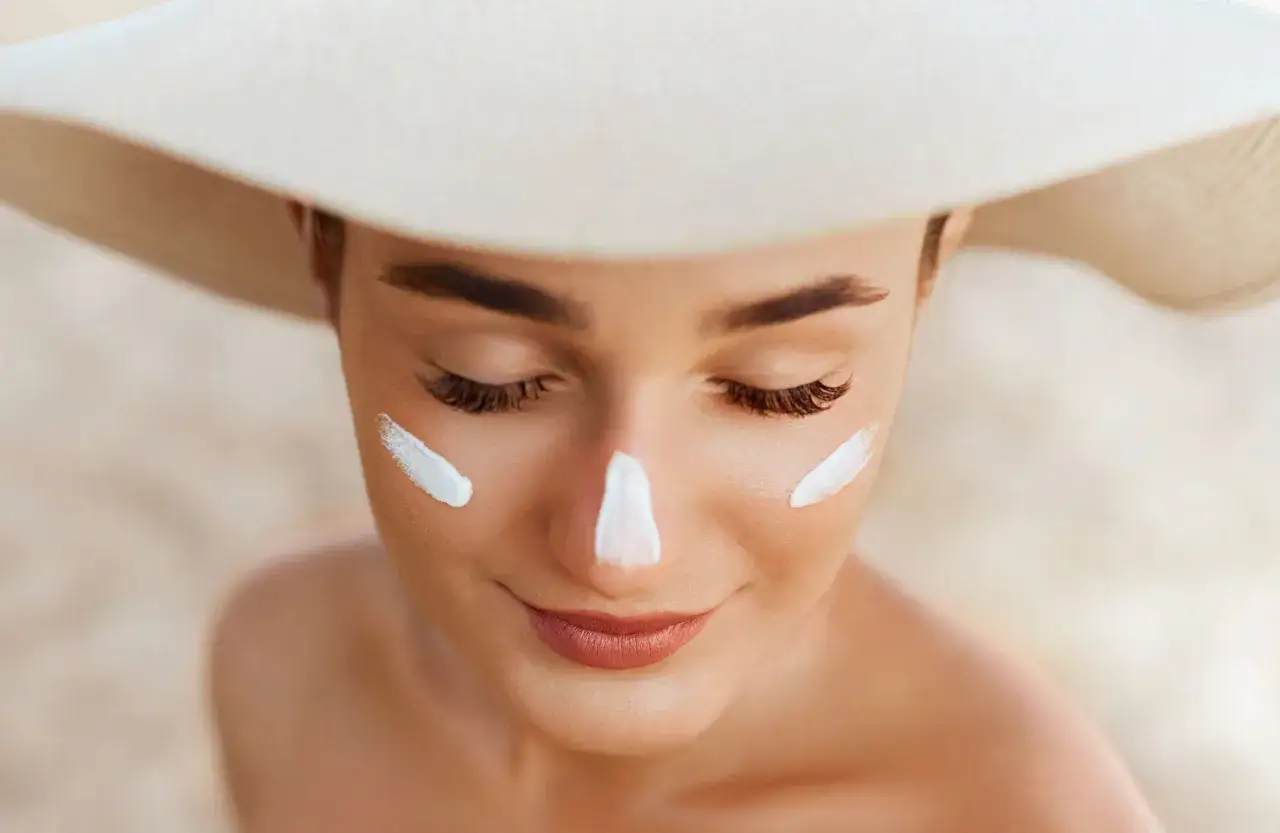 Visage protégé du soleil avec de la crème solaire. L'effet du soleil sur le visage est neutralisé par cette protection.