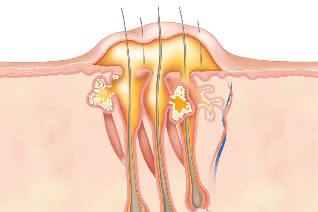 Illustration d'un furoncle sur la cuisse, montrant l'inflammation autour des follicules pileux et des glandes sébacées.