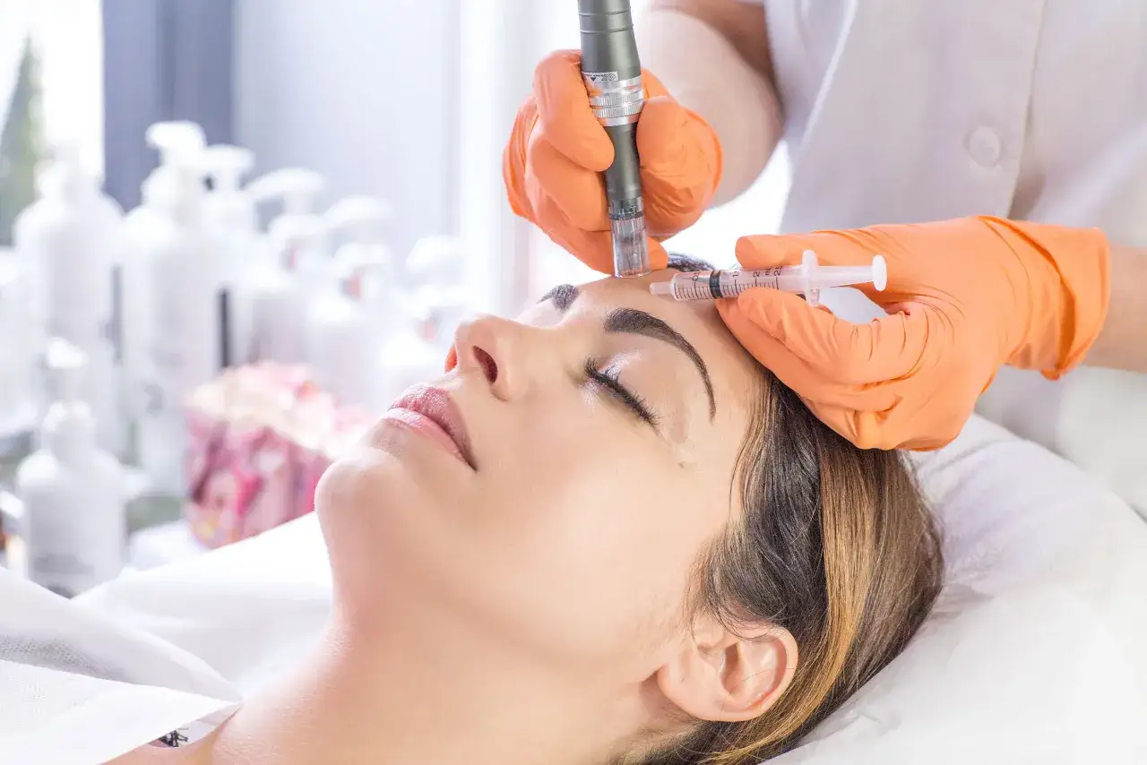 Soin de microneedling visage : une esthéticienne applique un traitement avec un stylo dermapen et une seringue sur le front d'une femme.