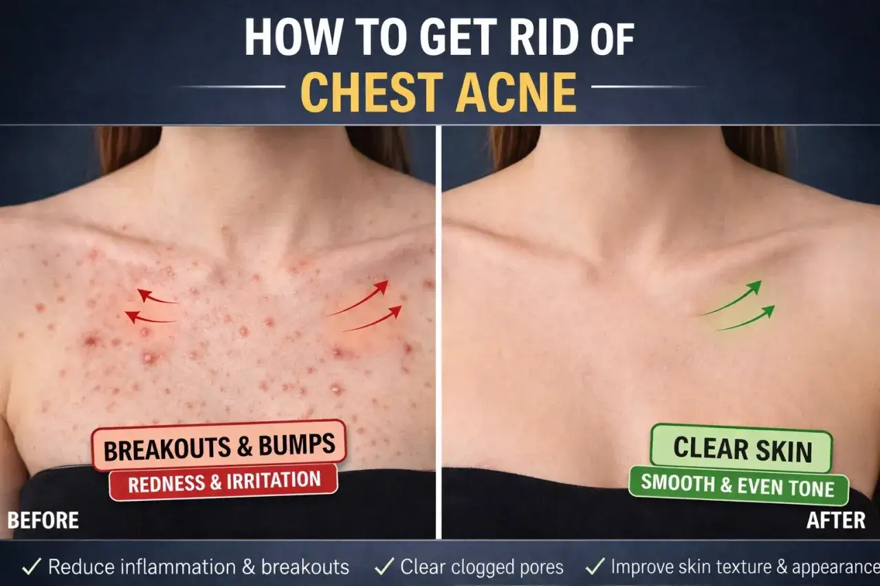 Avant/après : un torse avec des boutons et rougeurs devient une peau nette et lisse. Le bouton sur le torse disparaît.