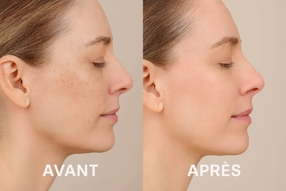 Avant/Après : un peeling visage a réduit les taches pigmentaires, révélant une peau plus lisse et uniforme.