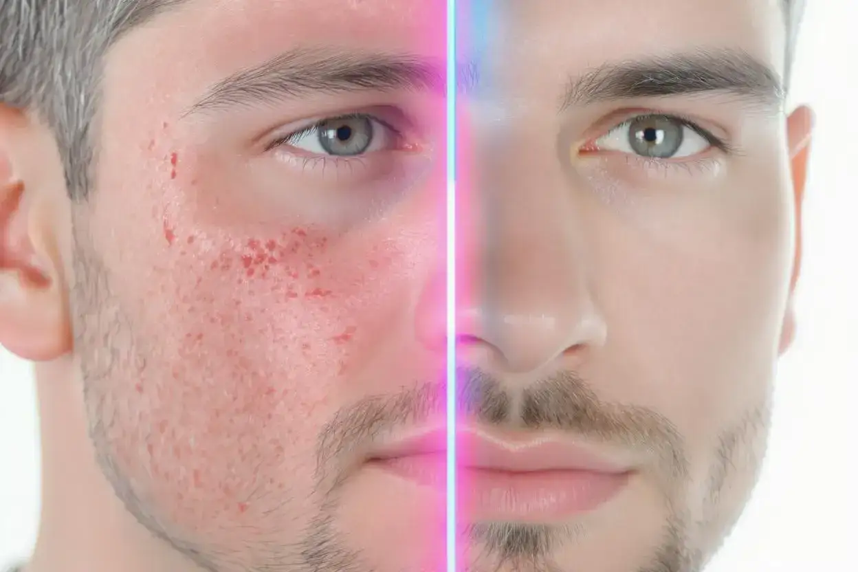 Visage d'homme divisé, montrant une peau avec des rougeurs et des imperfections avant un peeling ou gommage, et une peau nette après.