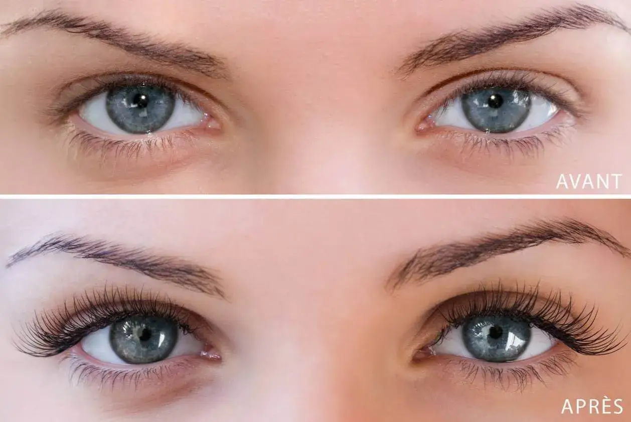 Avant/après : des cils naturels transformés par un maquillage permanent pour un regard intense et défini.