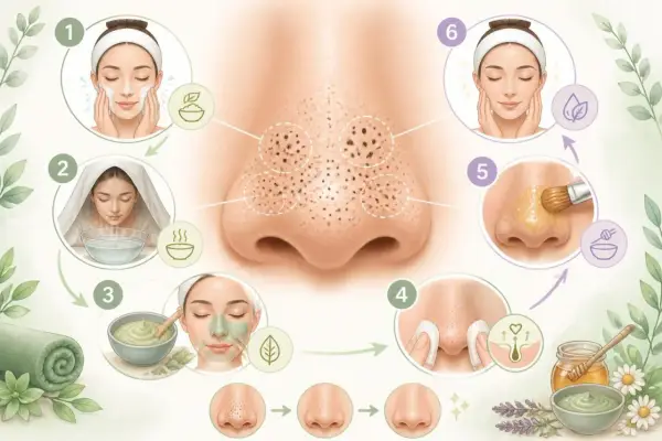 Étapes pour l'extraction de gros points noirs sur le nez : nettoyage, vapeur, masque, extraction douce, application de miel et soin final.