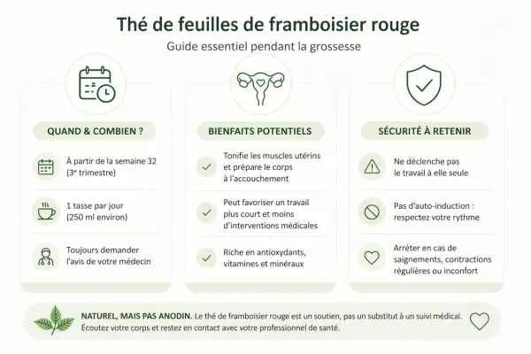 Guide sur le thé de feuilles de framboisier rouge pour la grossesse : quand le boire, ses bienfaits potentiels et précautions.