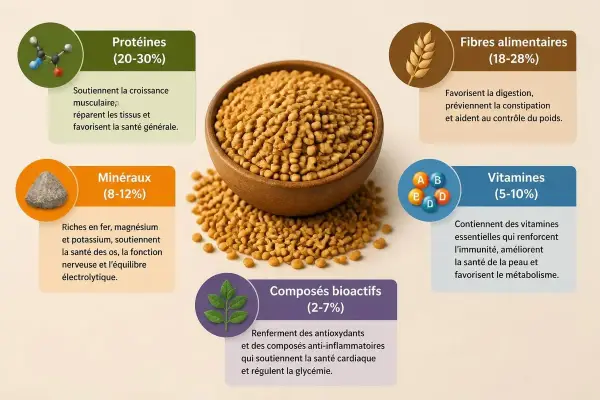 Graines de fenugrec dans un bol, entourées d'informations sur leurs protéines, fibres, minéraux, vitamines et composés bioactifs. Les fenugrec bienfaits sont nombreux pour la santé.
