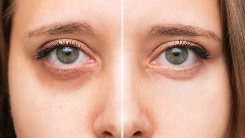 Comparaison avant/après : des yeux fatigués avec des cernes prononcés à des yeux reposés et lumineux.