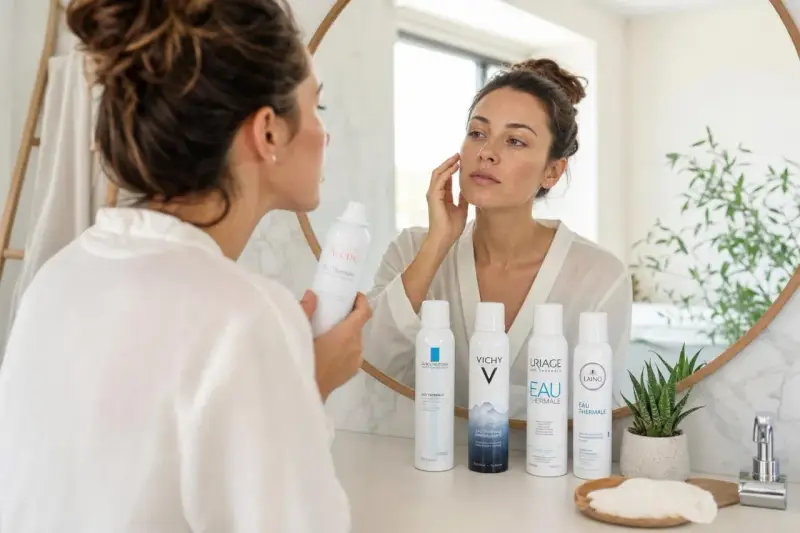 Une femme applique de l'eau thermale Avène sur son visage, entourée d'autres brumisateurs d'eau thermale.
